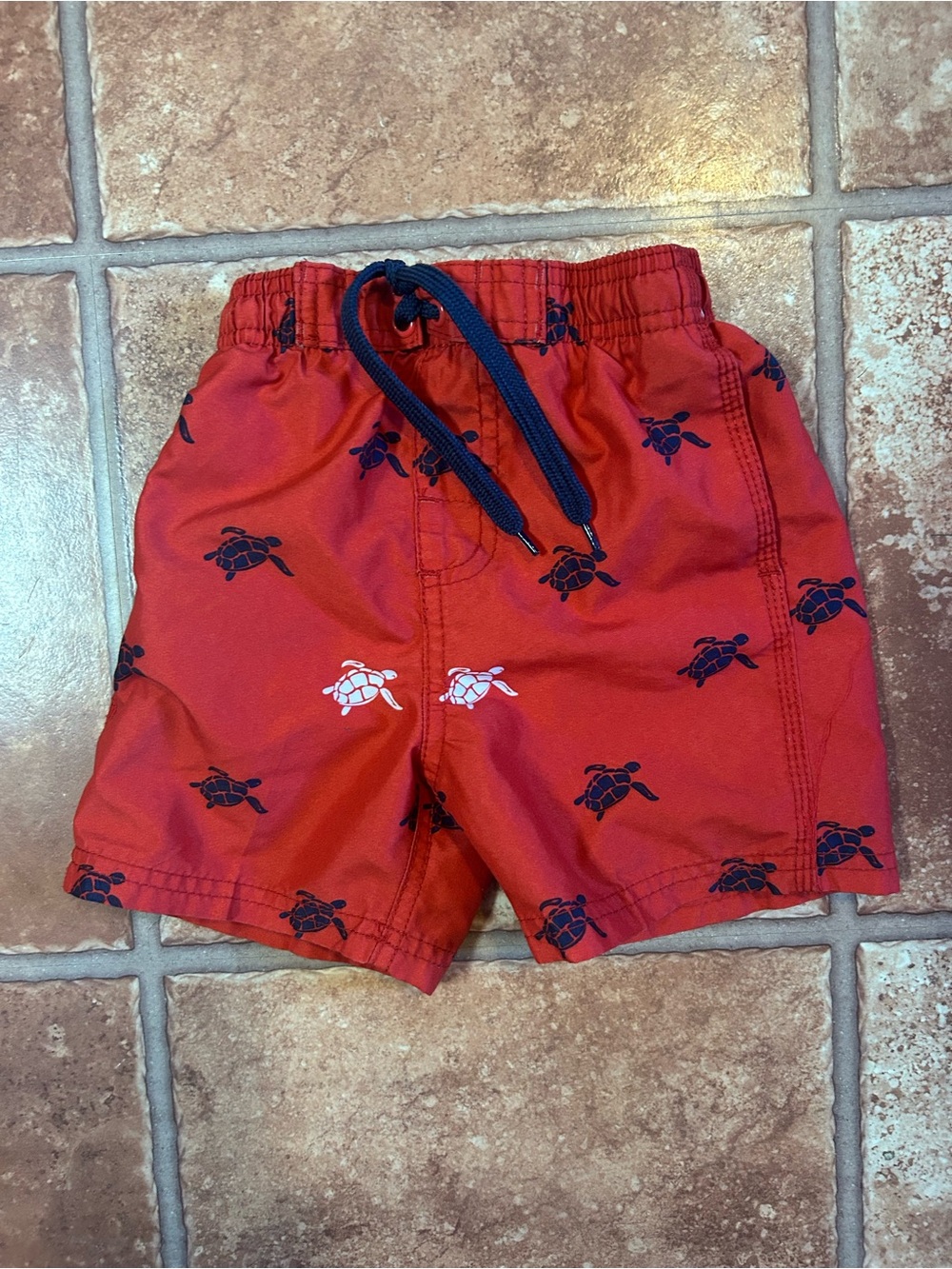 Kavu Red Swim Shorts with Navy Turtle Print